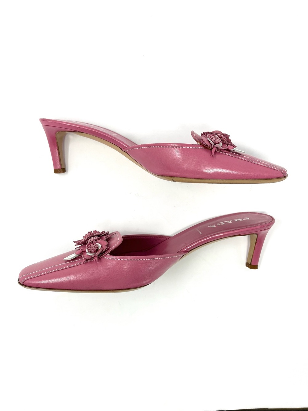 Vintage Prada 90s Pink White Leather Flower Bouquet Mules Kitten Heels 36.5 6.5 - Picture 6 of 12